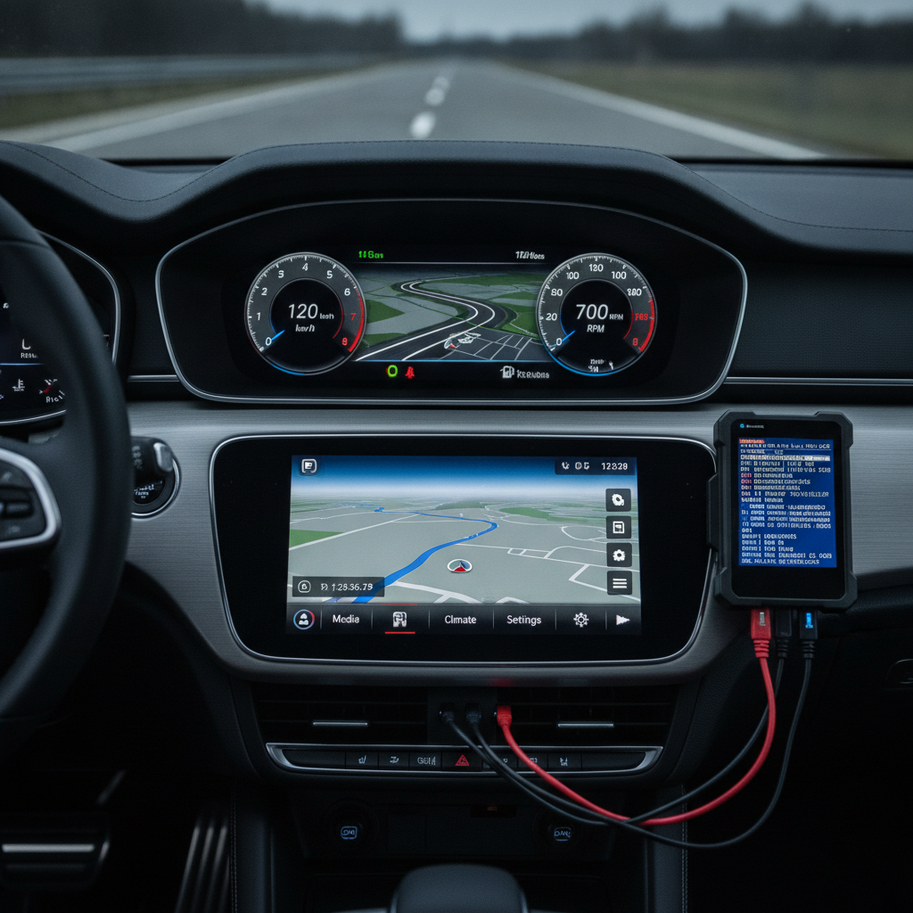 A close-up shot of a modern car's dashboard with various electronic displays and a data logger device connected to its CAN bus, showing real-time data streaming.